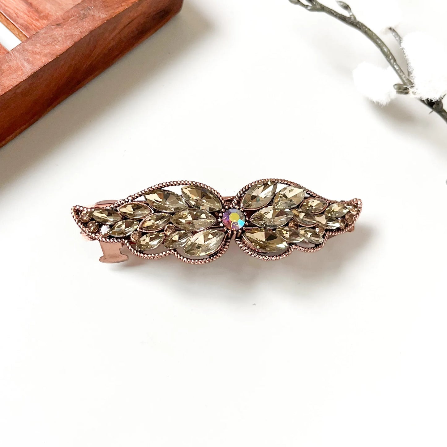 Rose gold champagne cabochon wing barrette with honey-toned faceted stones and opal centre bronze