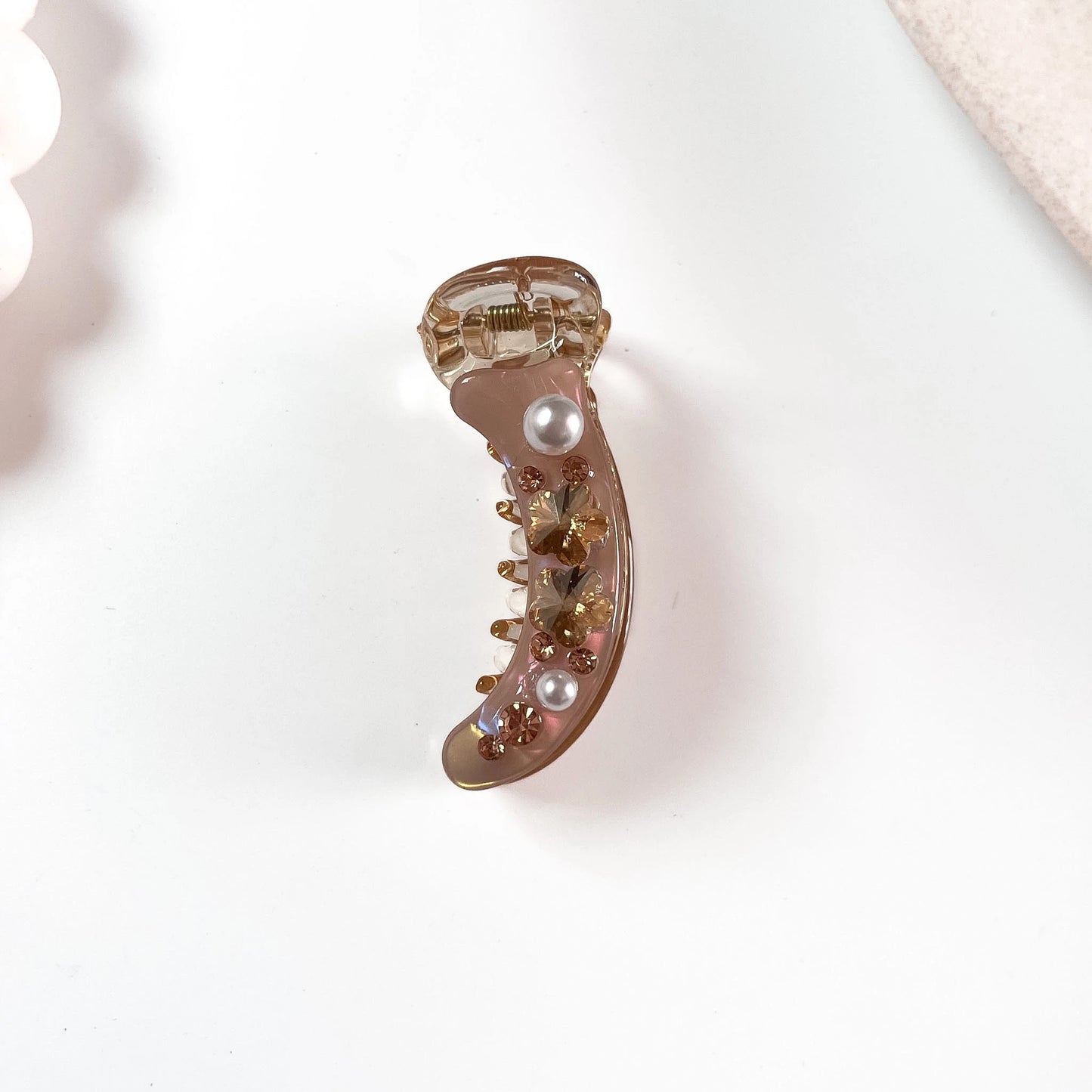 Pearl crystal banana clip brown gold with amber crystal flowers
