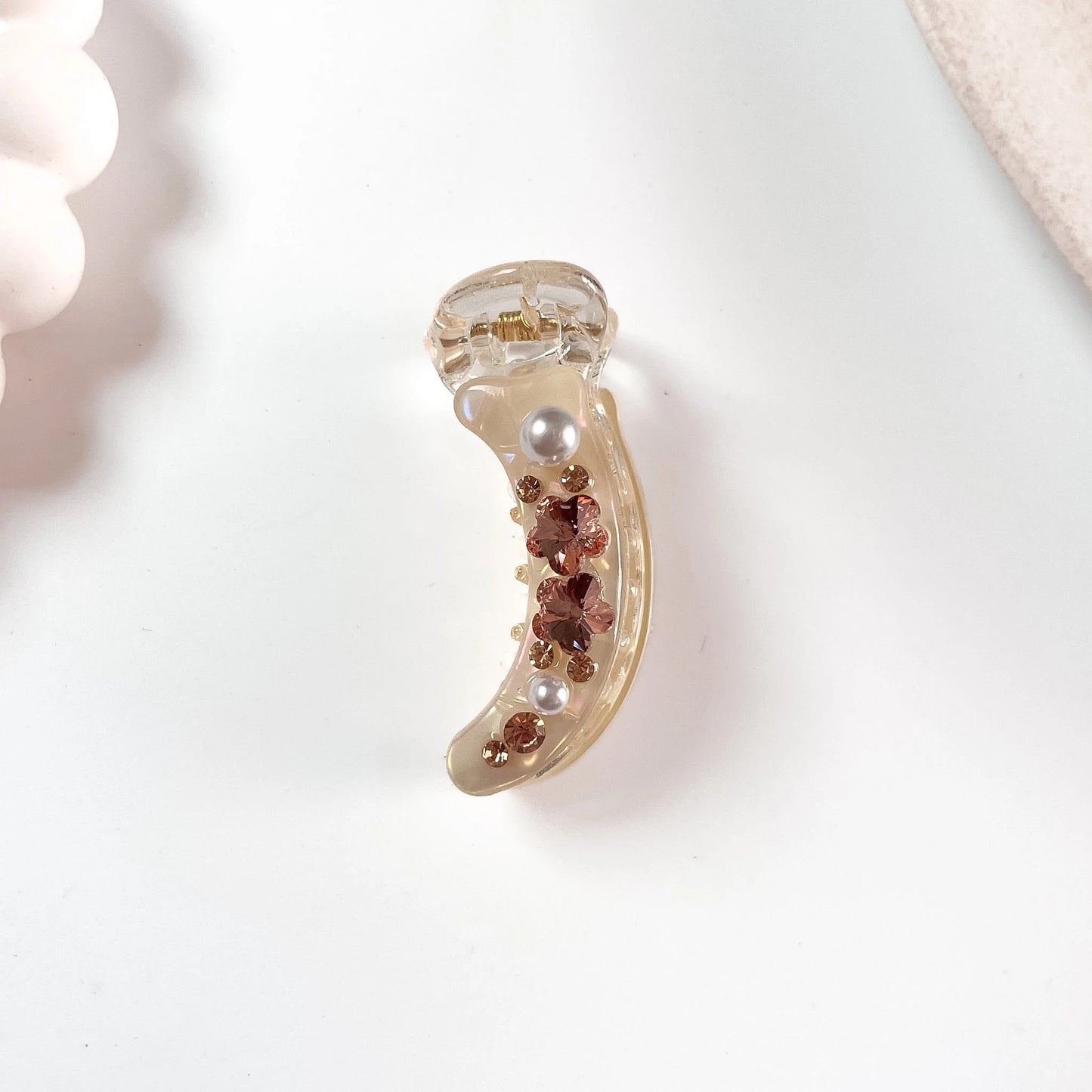 Pearl crystal banana clip champagne with crystal flower detail