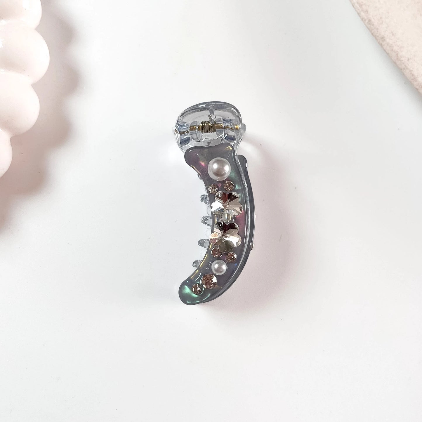 Pearl crystal banana clip iridescent aurora with crystal embellishment