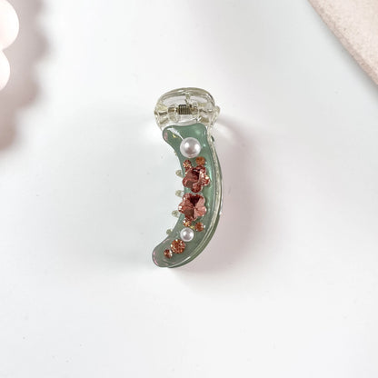 Pearl crystal banana clip sage green with pink crystal flowers