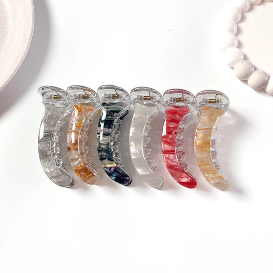 Pearl finish banana clip in 6 shades grey amber teal white red champagne