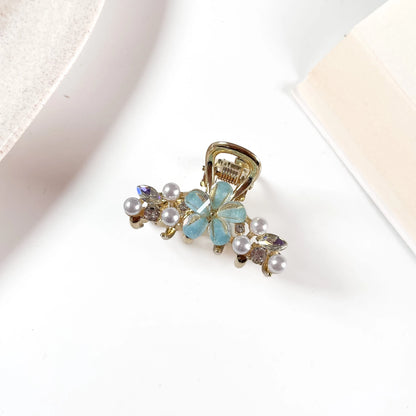 Sky blue pearl flower gold metal claw clip for hair