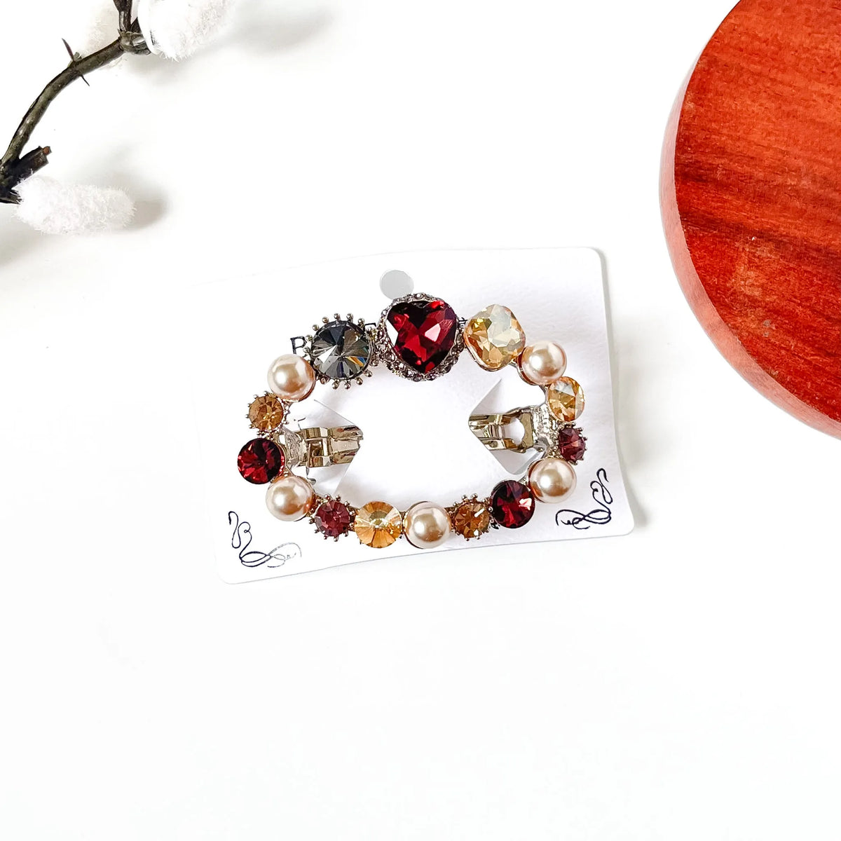 Harvest multicolour pearl hair clip with burgundy heart, champagne and grey stones, a fancy center clip