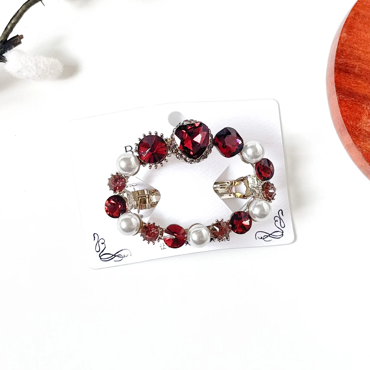 Merlot burgundy heart crystal hair clip with white pearls, a jeweled barrette for weddings