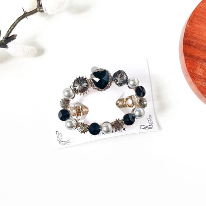 Noir black heart crystal barrette with grey pearls and smoky stones, an elegant pearl hair clip for buns