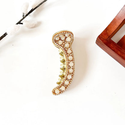 Gold metal pearl banana clip with rhinestones and roses, 8 cm rhinestone banana clip for weddings