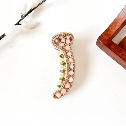 Rose gold pink metal banana clip with pearls and rhinestones, 8 cm fancy banana clip for festive wear