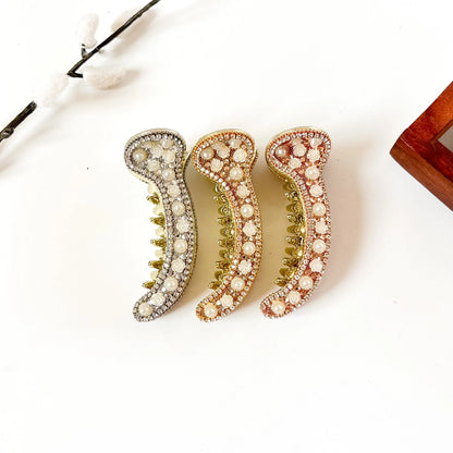Pearl Rosette 8 cm metal pearl banana clips in silver, gold and rose gold with rhinestones and white roses