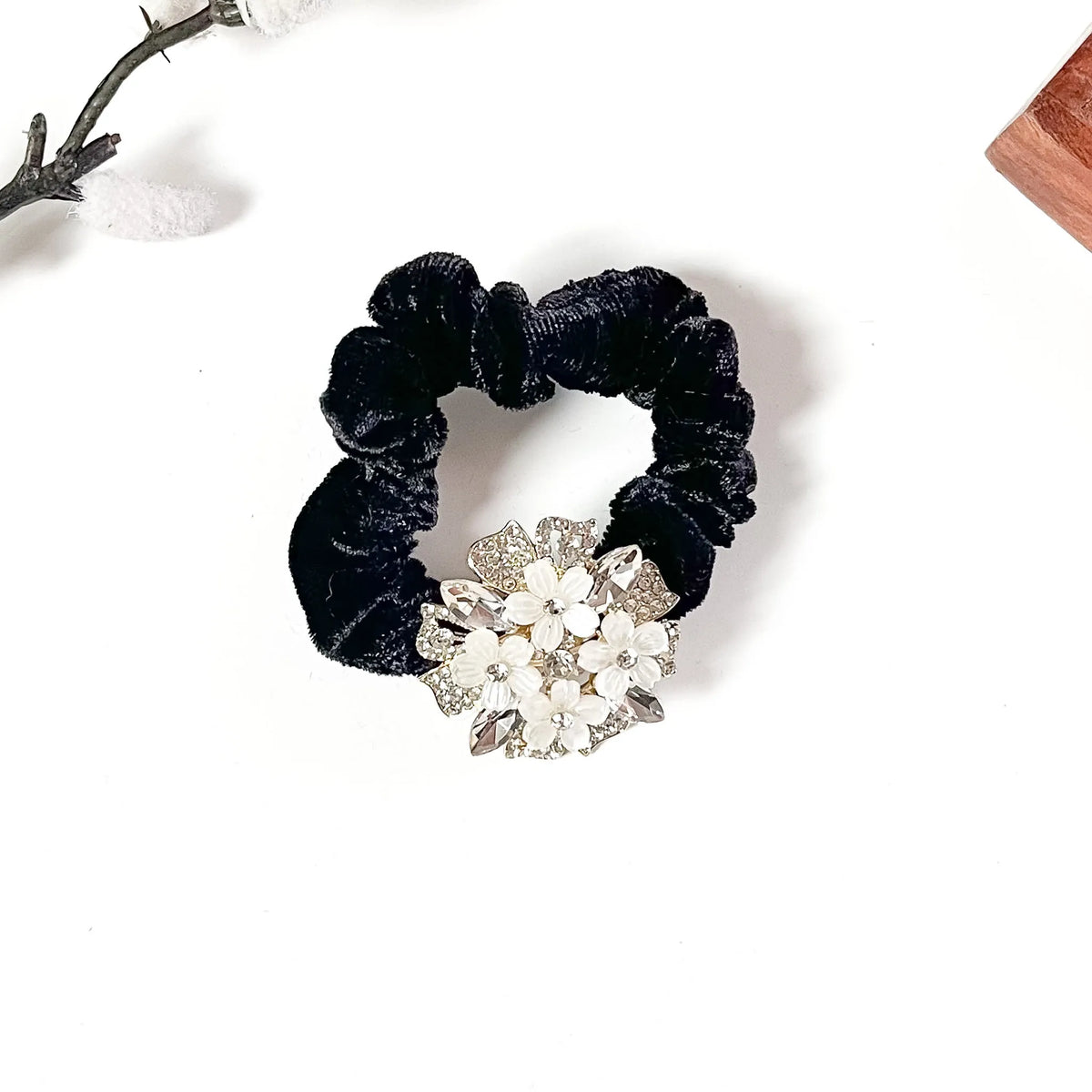 Black velvet scrunchie with pearl white crystal flower, bridal scrunchie