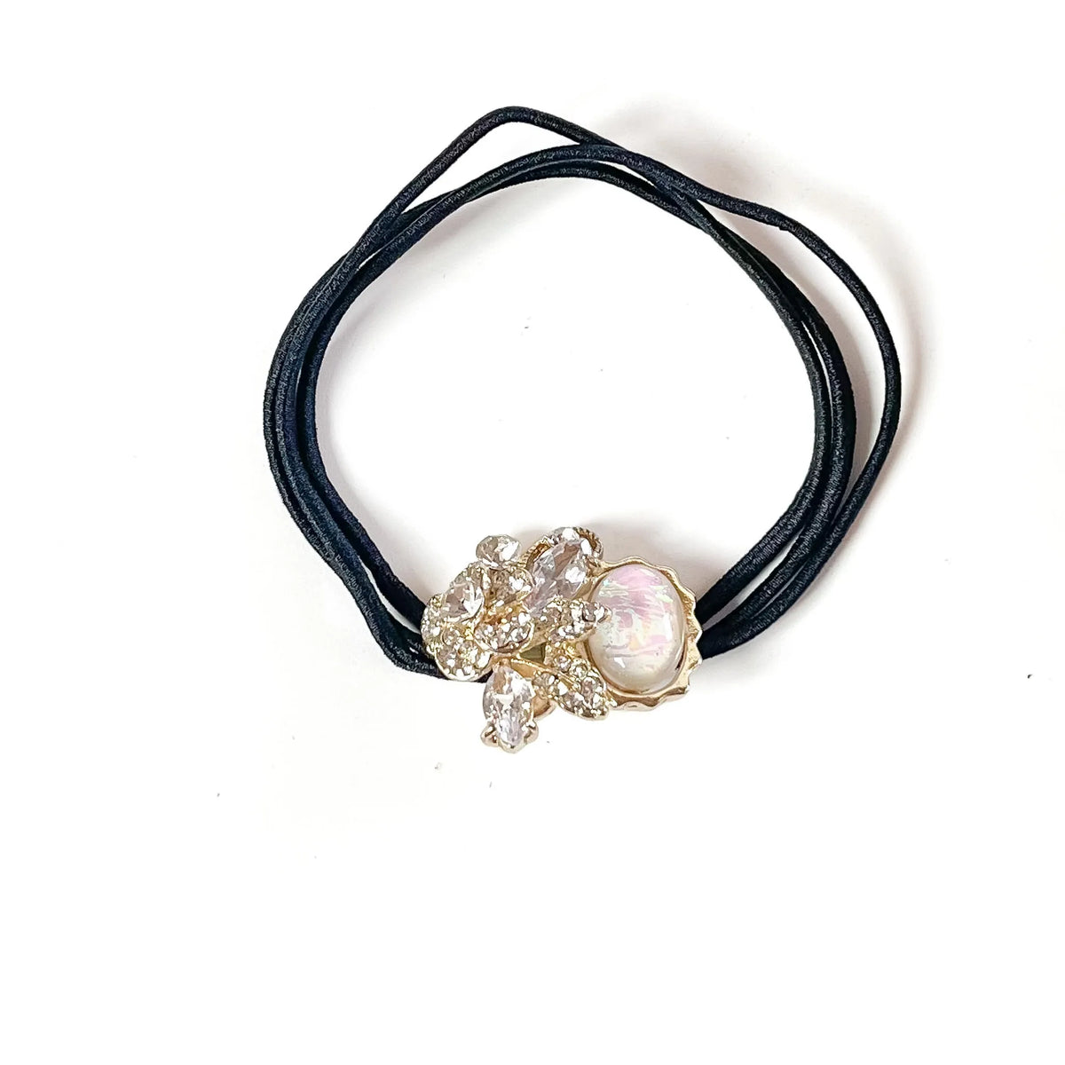 Pearl white fancy hair tie with clear rhinestone flower and white opal stone, dressy ponytail holder