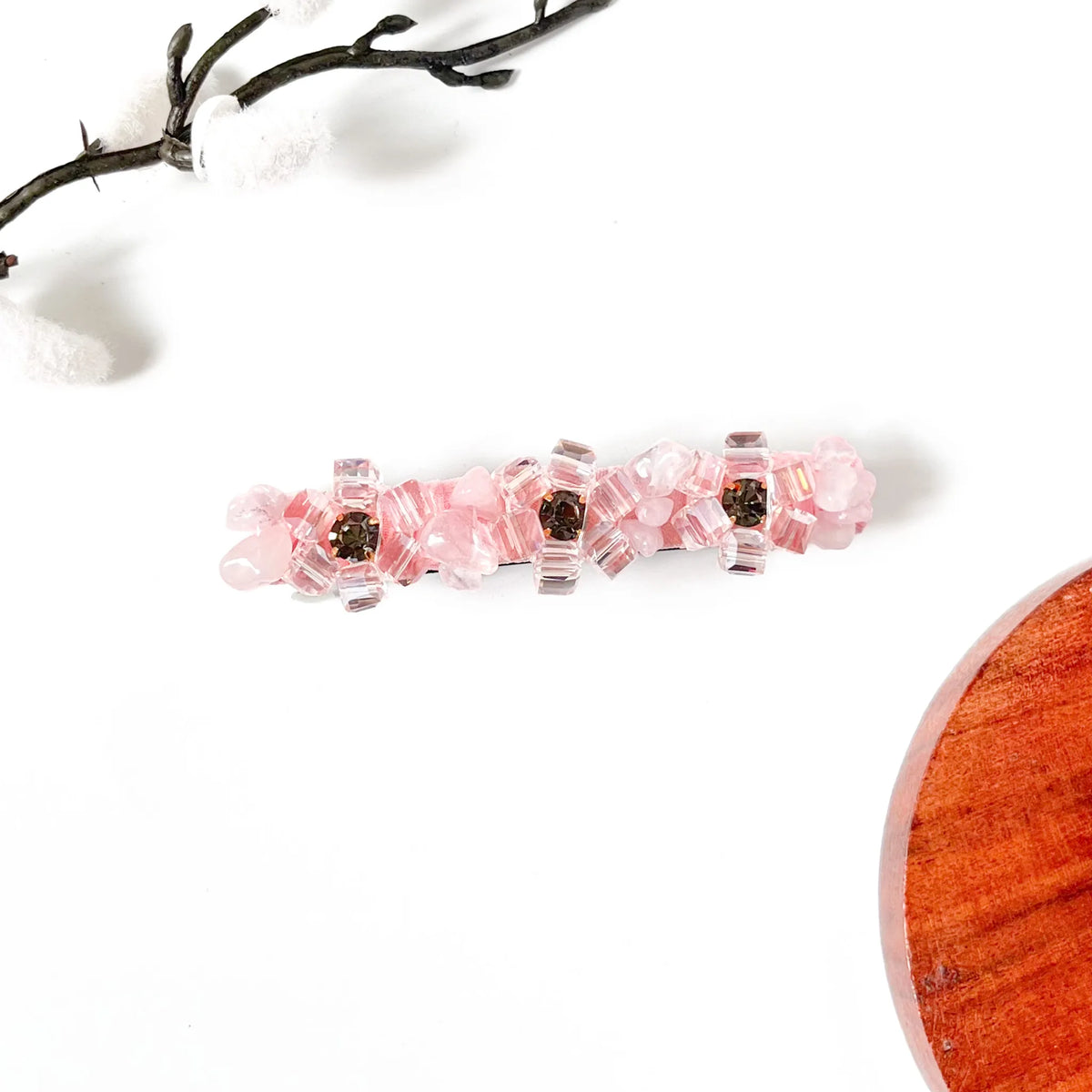 Blush pink crystal flower hair clip with rose stone chips, a sweet pink hair barrette