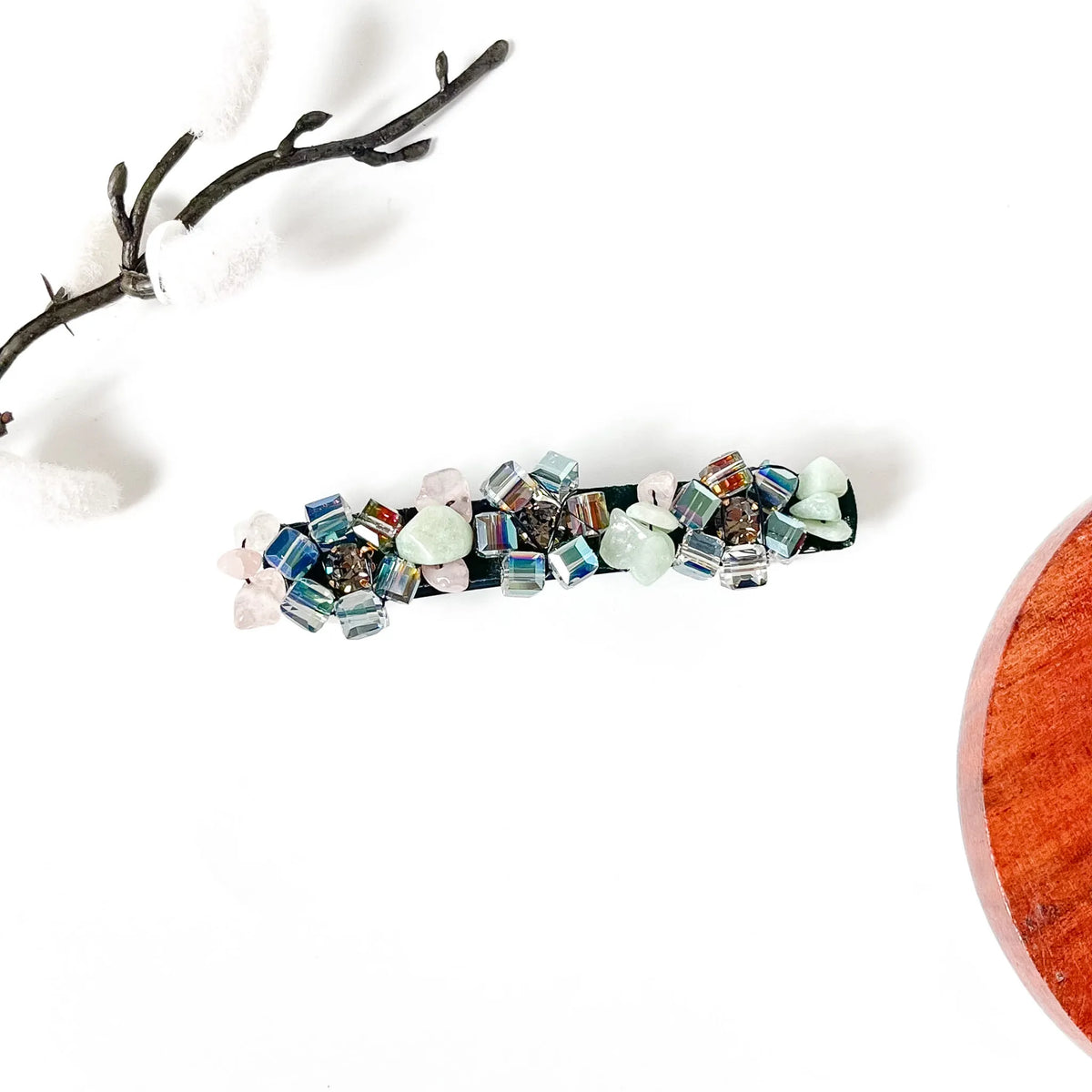 Jade mint green and rose stone chip barrette with iridescent cube crystals, a pretty hair clip with stones