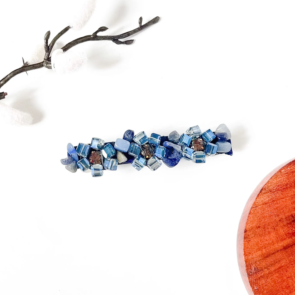 Sapphire blue cube crystal barrette with blue stone chips, a classy blue hair clip for buns