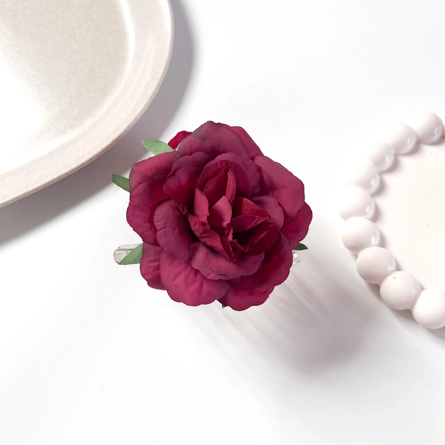 Burgundy peony flower hair clip with snap clip base