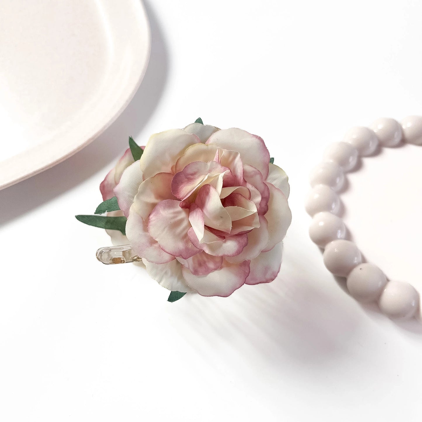 Cream peony bloom flower hair clip with pink petal tips