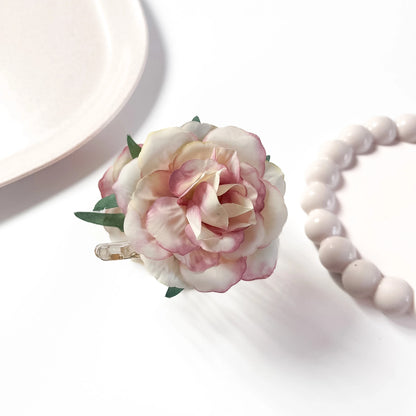 Cream peony bloom flower hair clip with pink petal tips