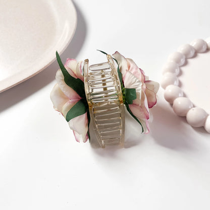 Peony bloom flower hair clip clip base detail