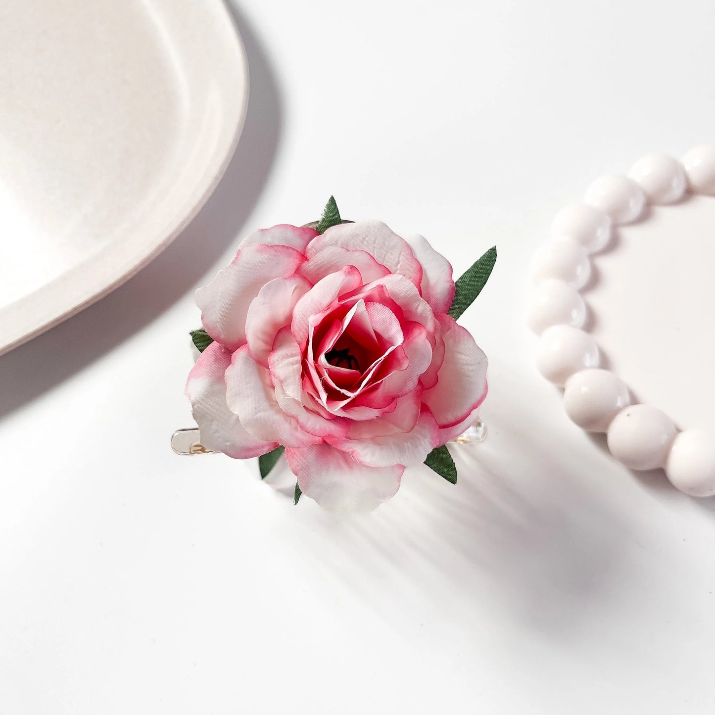 Pink peony flower hair clip for buns and braids