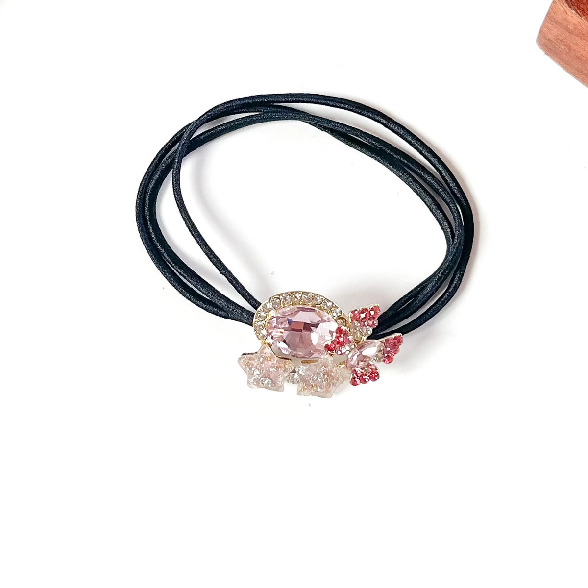 Peony pink fancy hair tie with pink oval crystal, pink butterfly and glitter stars, dressy ponytail holder