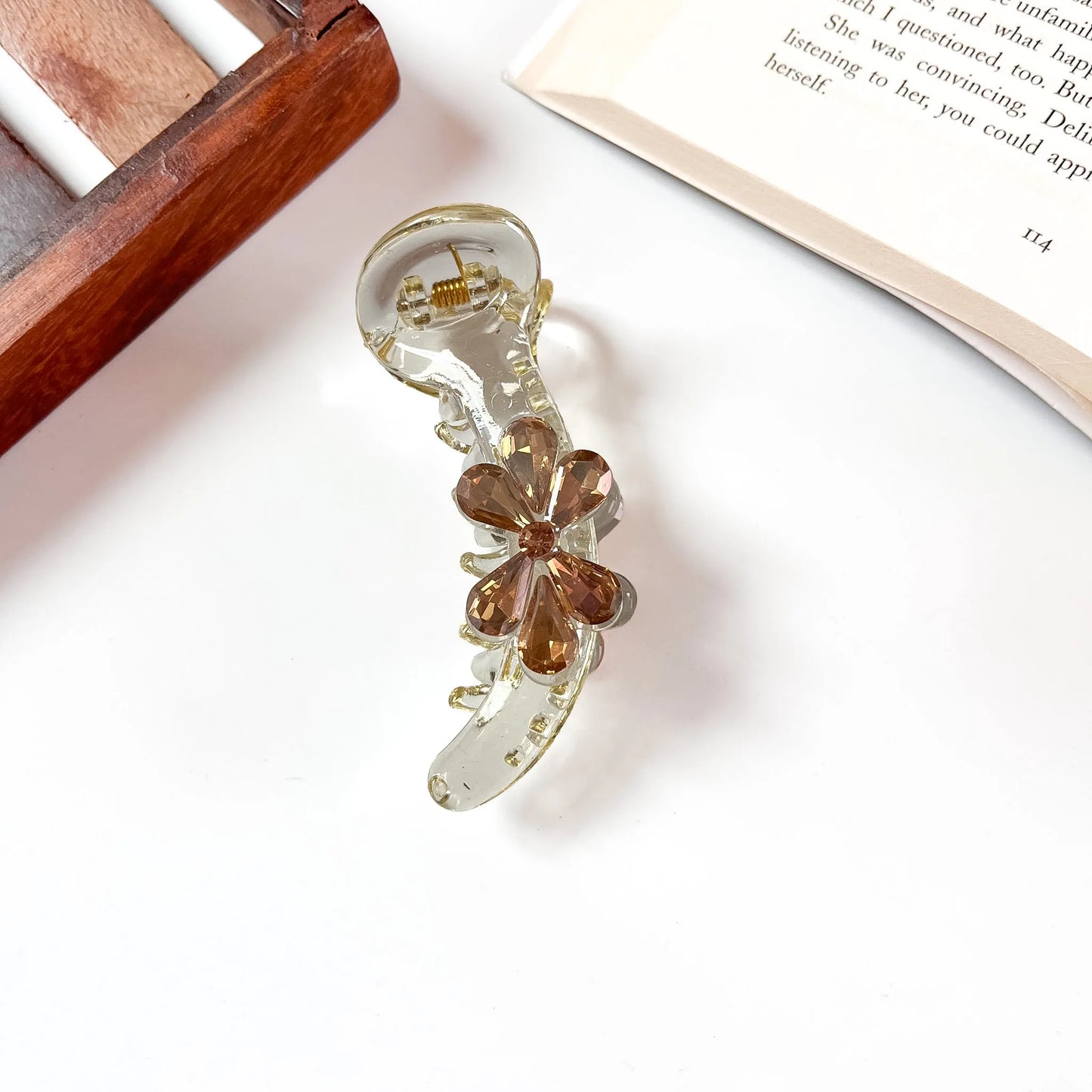 Champagne petal bloom banana clip with crystal flower