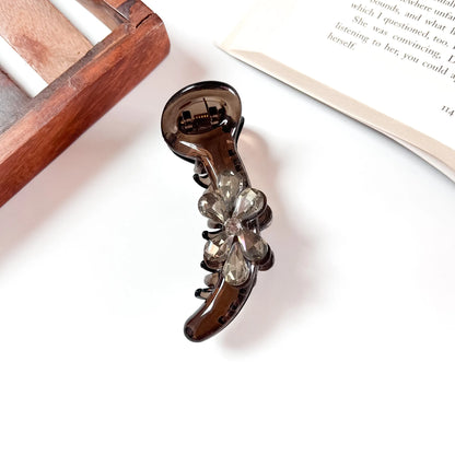 Grey petal bloom banana clip with crystal flower detail