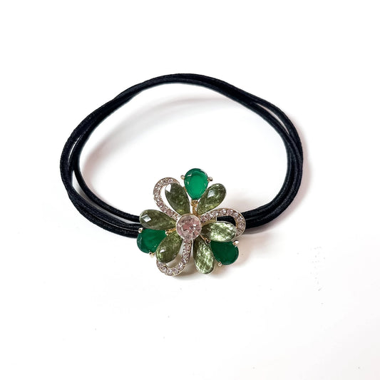 Green petal bloom flower crystal hair tie with rhinestone frame on black elastic band
