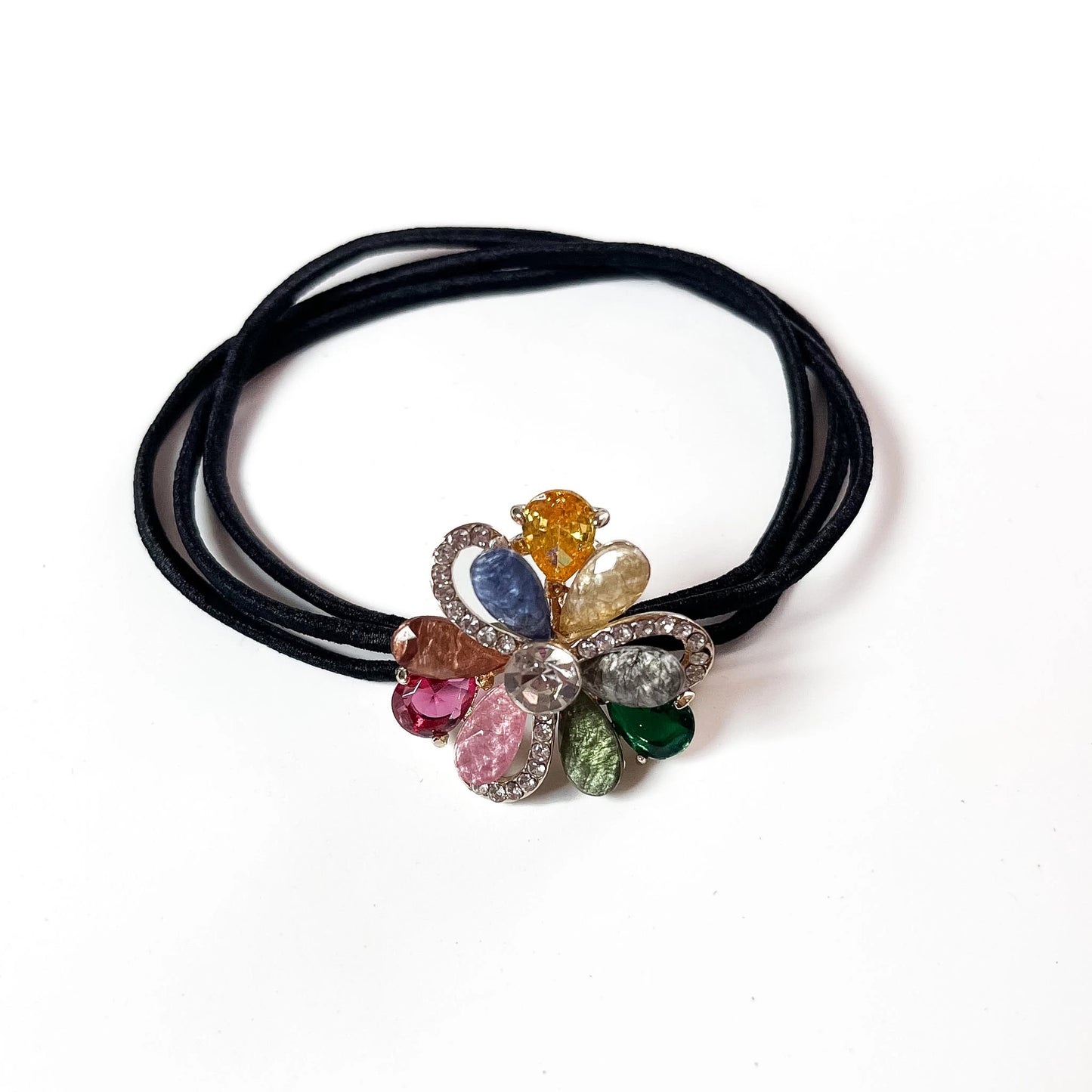 Multicolour petal bloom flower hair tie with rhinestone swirl frame on black elastic band