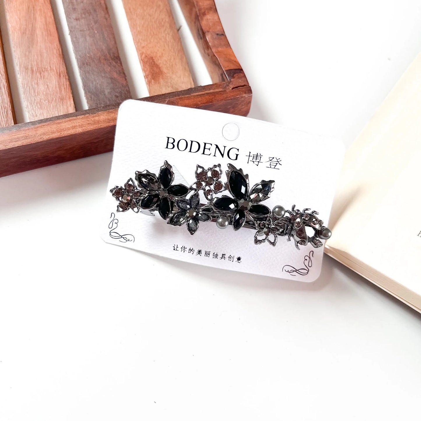Petal cascade crystal barrette jet black rhinestone hair clip