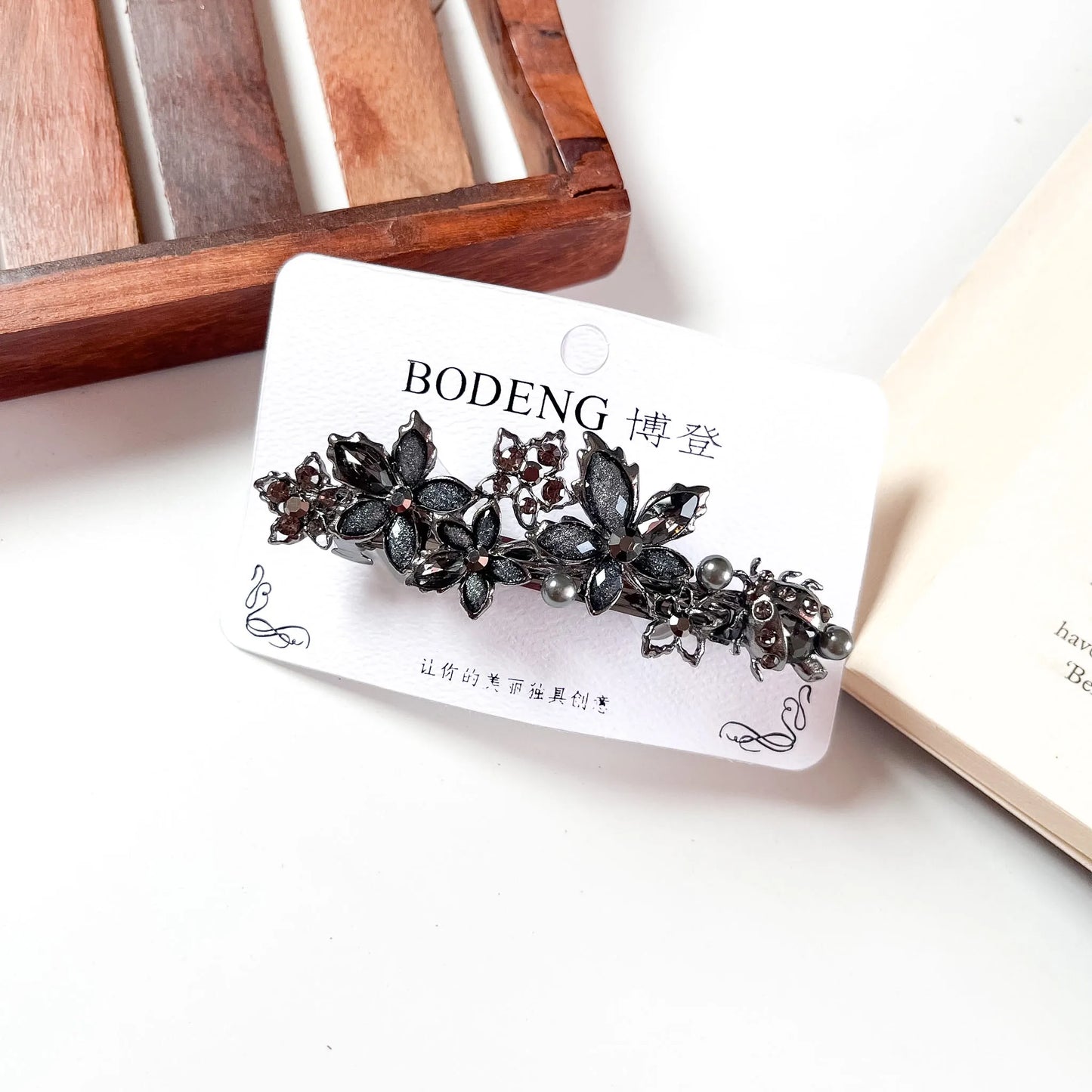 Petal cascade crystal barrette charcoal smoke flower barrette