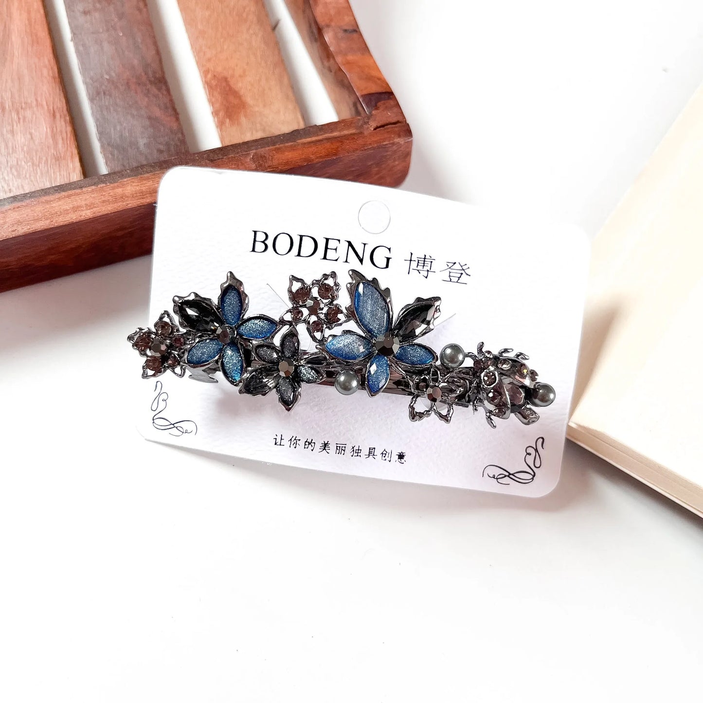Petal cascade crystal barrette navy blue rhinestone barrette