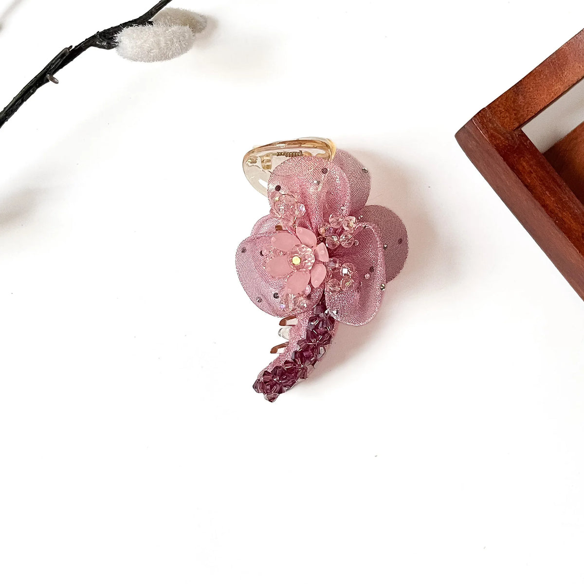 Petal Mist Banana Clip in blush pink, 8cm flower banana clip with pink crystals and sequins
