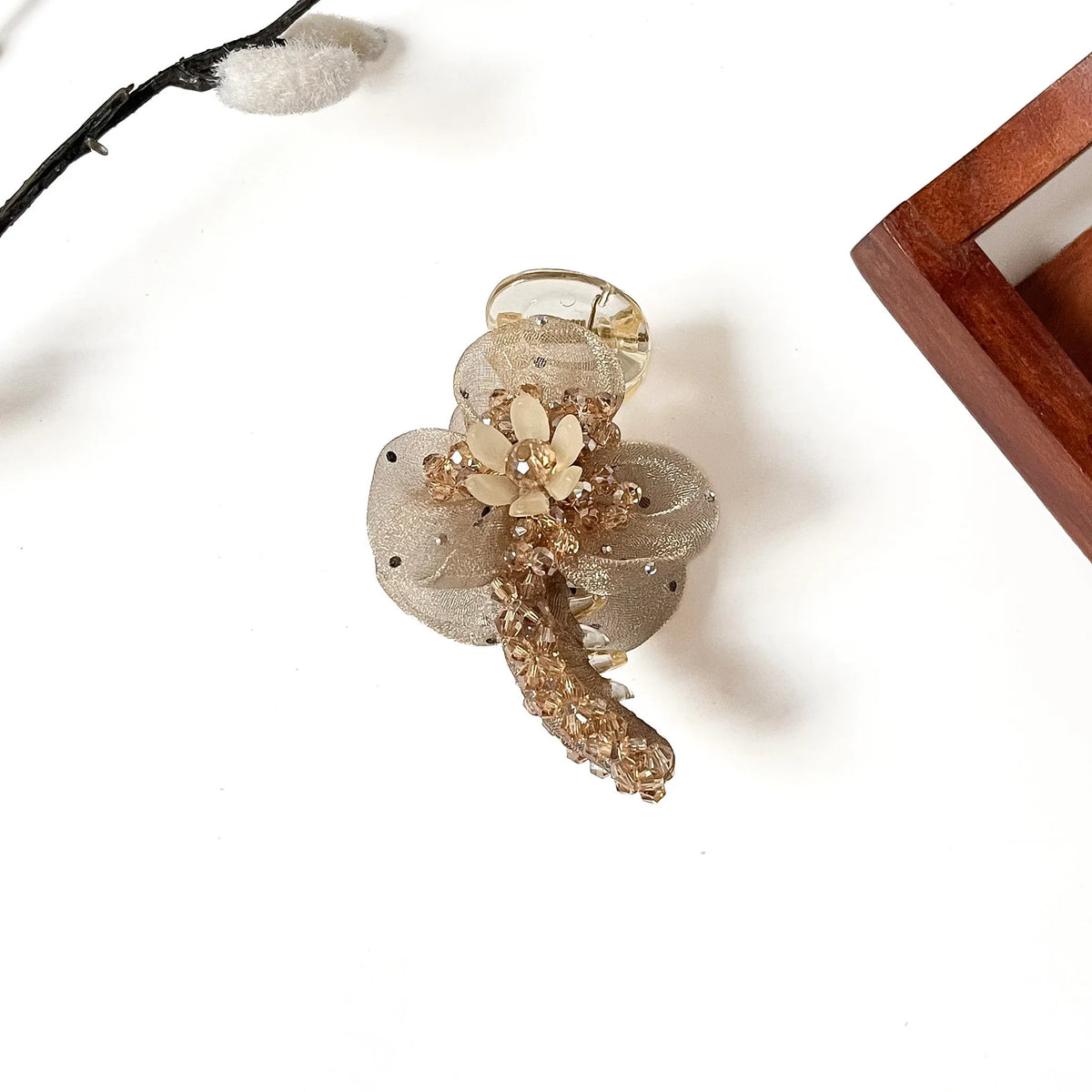 Petal Mist Banana Clip in champagne beige, 8cm flower banana clip with golden crystal beads