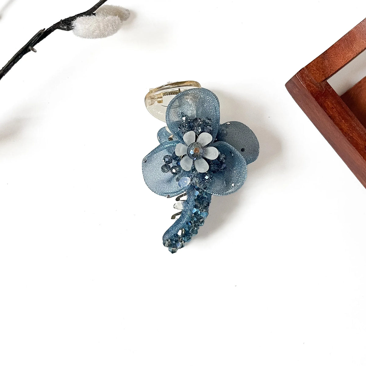 Petal Mist Banana Clip in denim blue, 8cm organza flower banana clip with crystal beads