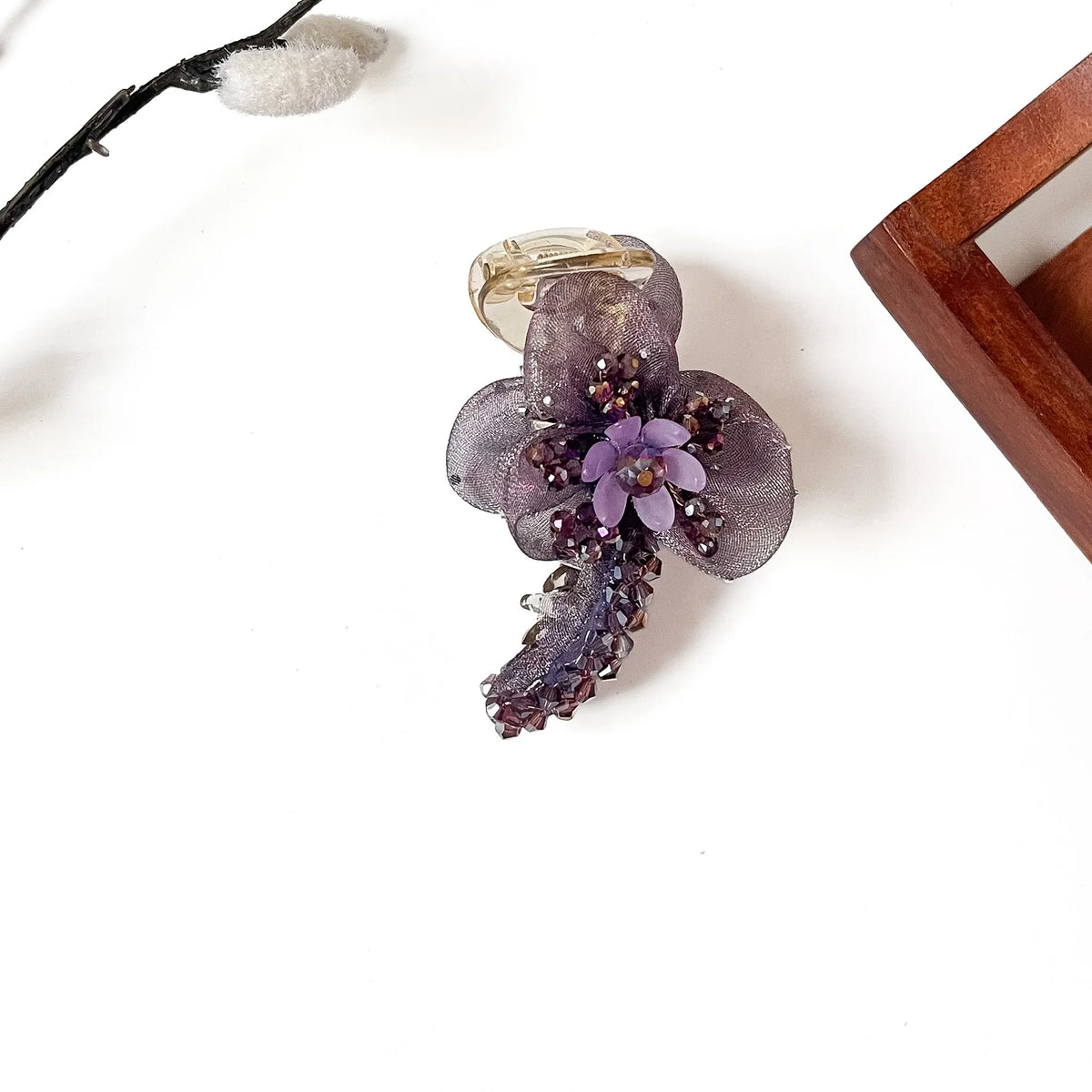 Petal Mist Banana Clip in lavender purple, 8cm fancy flower banana clip with crystal stones