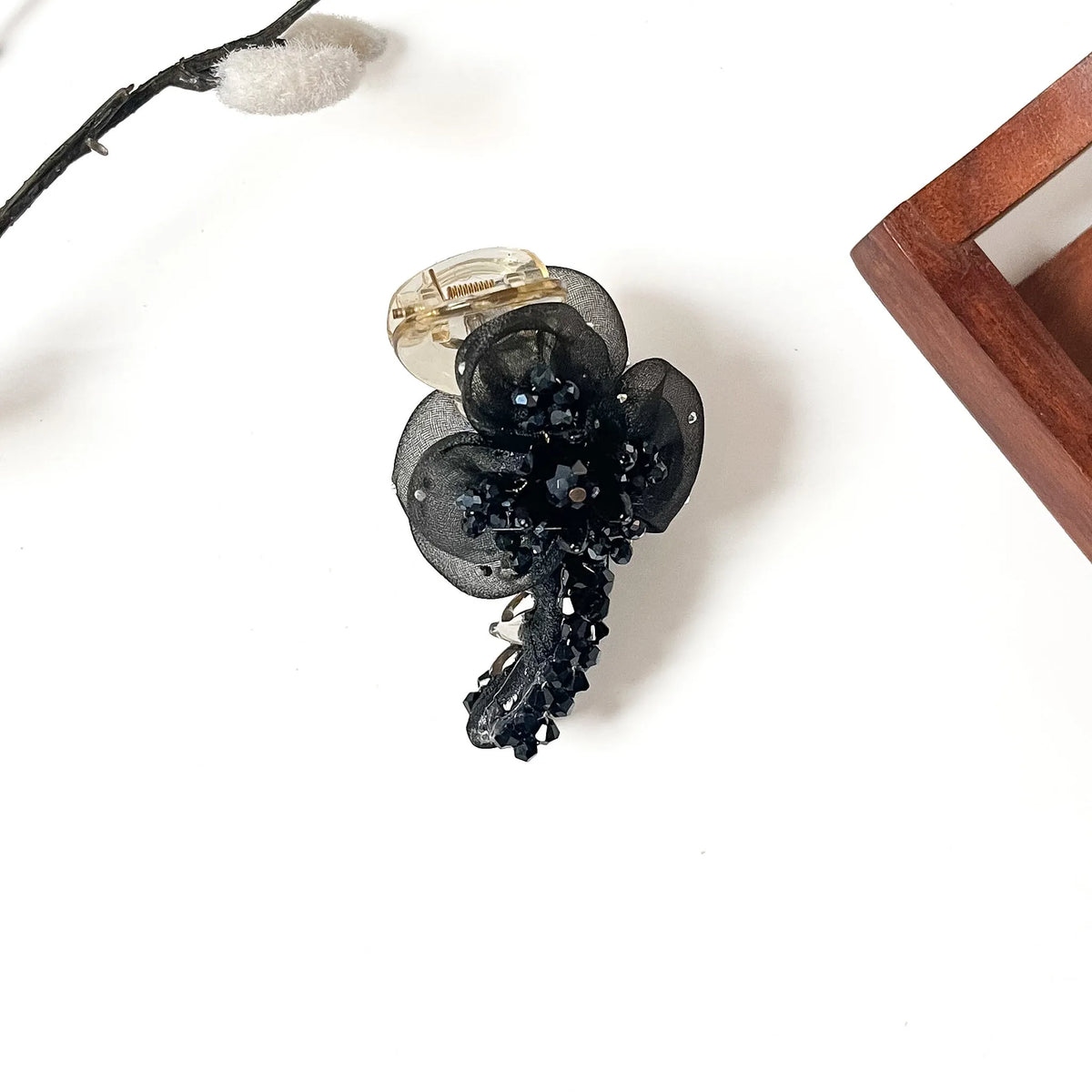 Petal Mist Banana Clip in midnight black, 8cm organza flower banana clip with black crystals