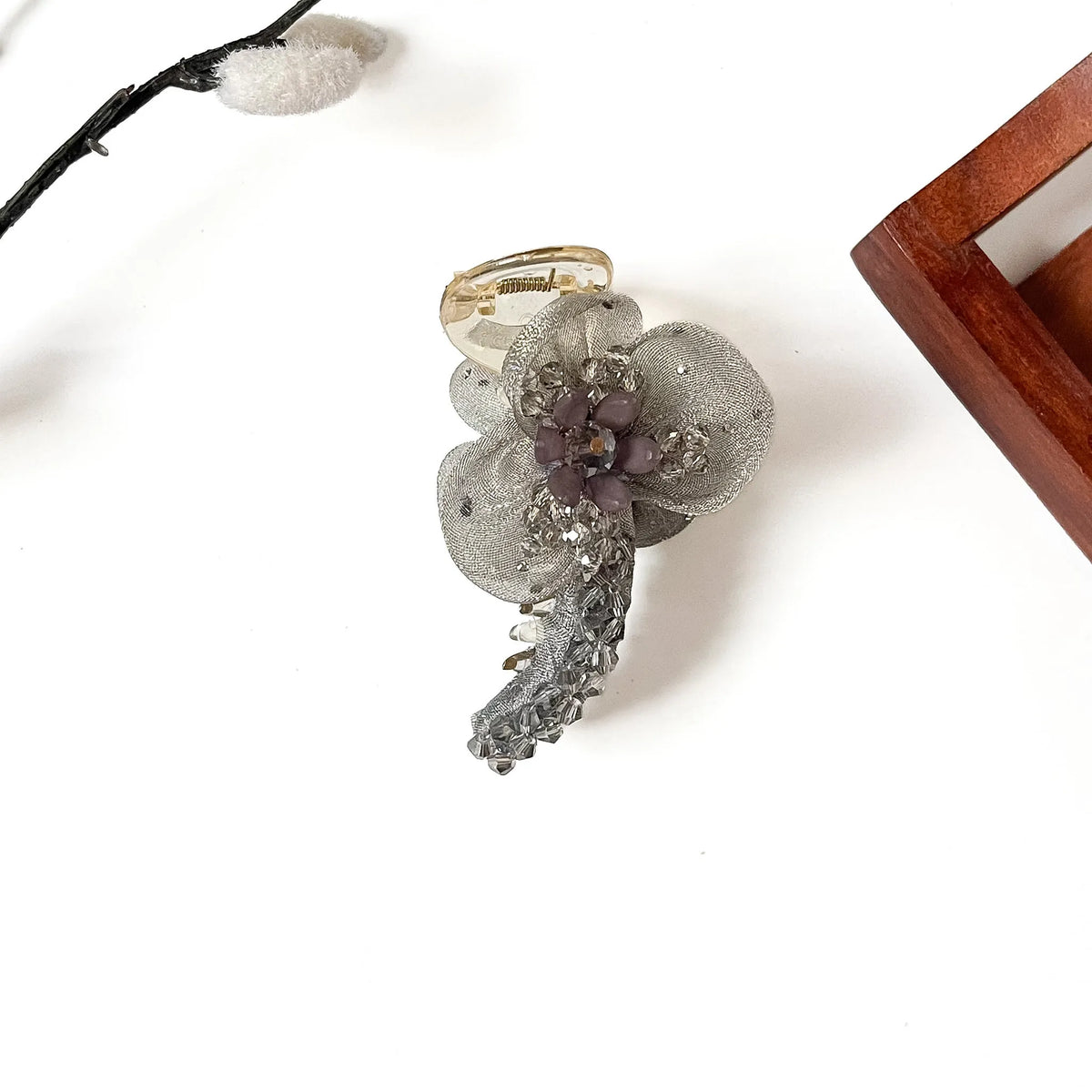 Petal Mist Banana Clip in silver grey, 8cm organza banana clip with smoky crystal beads