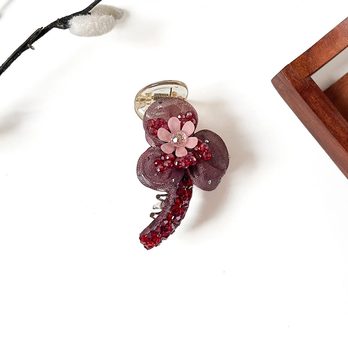 Petal Mist Banana Clip in wine red, 8cm flower banana clip with red crystals and pink bloom