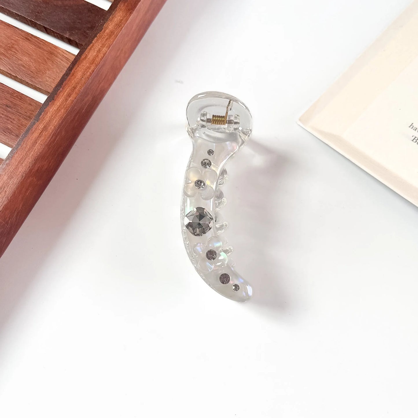 Pearl white petal sparkle banana clip for thin hair