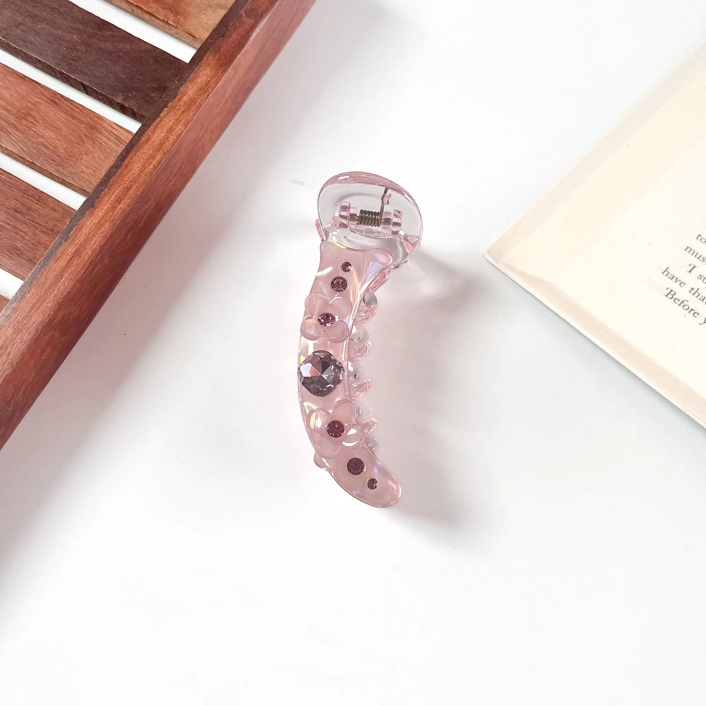 Pink petal sparkle banana clip for women