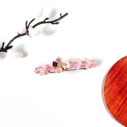 Blush pink velvet hair barrette with pink crystals and a tiny rose, a pretty pink hair clip