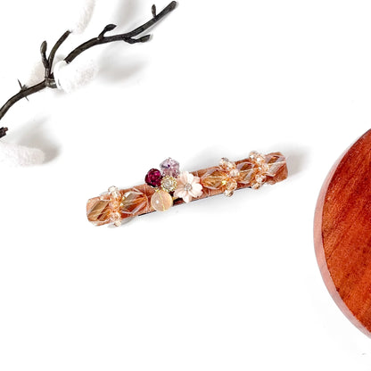 Champagne gold Korean crystal hair clip on caramel velvet with a rose and shell flower, a cute side barrette