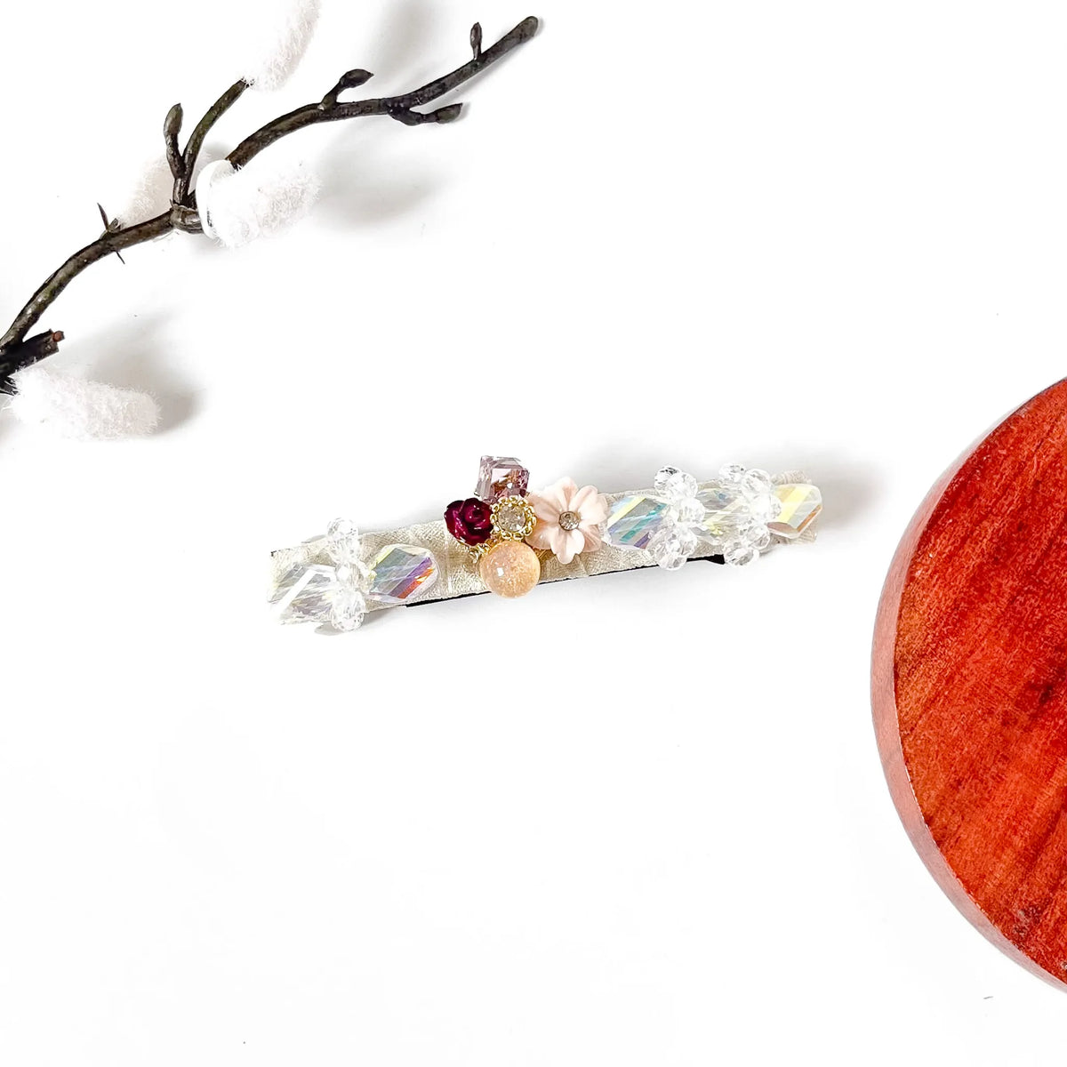 Frost clear white crystal barrette on ivory velvet with iridescent prism beads, an elegant hair clip for weddings