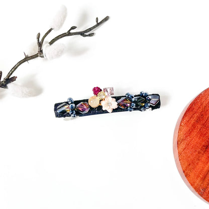 Noir black velvet barrette with iridescent purple prism crystals and a rose posy, a sparkly hair clip for buns