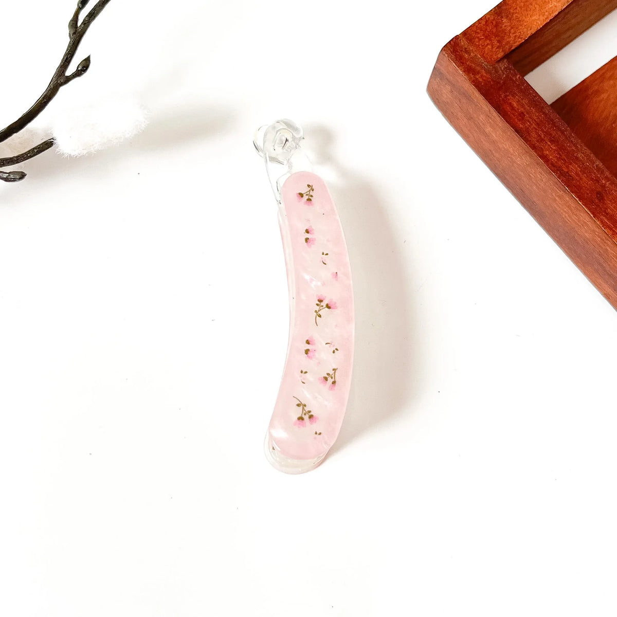 Pink Rose pressed flower lock banana clip with dried orange flowers in resin, large 8cm