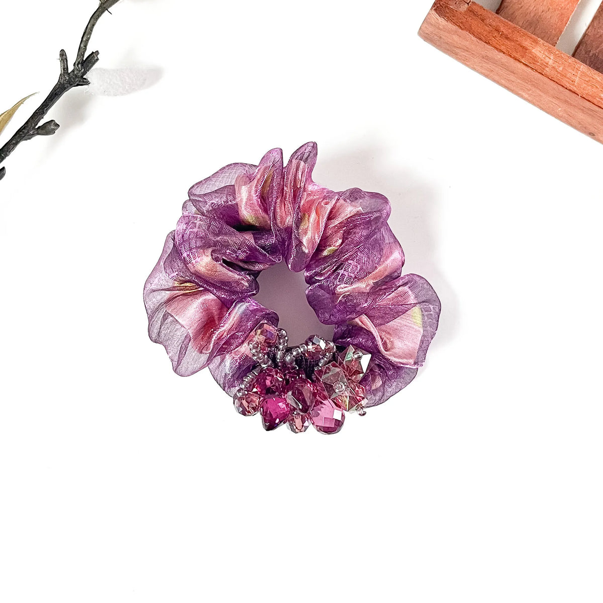 Plum purple organza scrunchie with pink crystal cluster