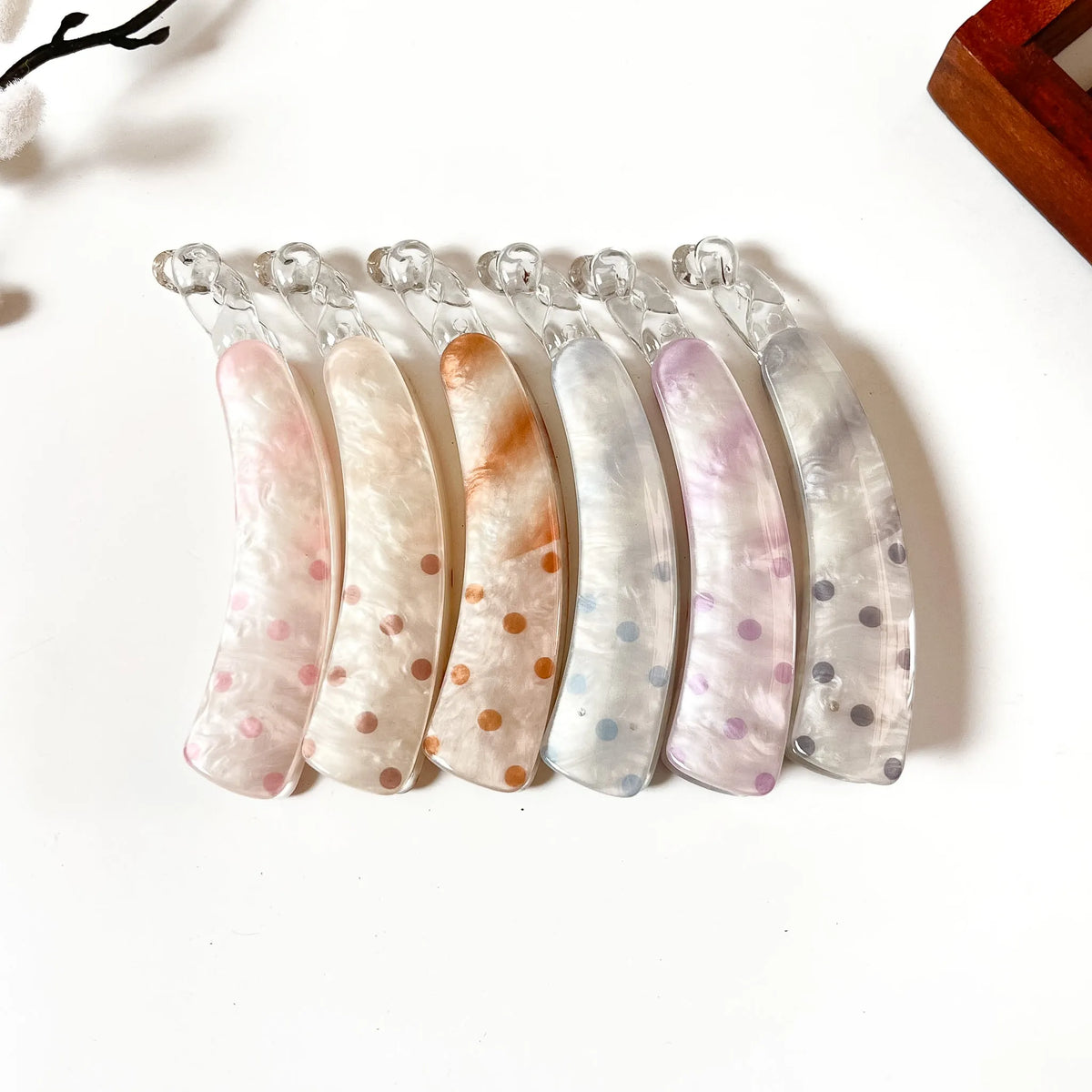 Polka dot lock banana clips in grey, lavender, peach, pink, blue and ivory for thick and long hair