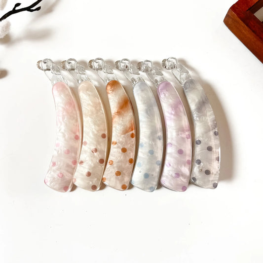 Polka dot lock banana clips in grey, lavender, peach, pink, blue and ivory for thick and long hair