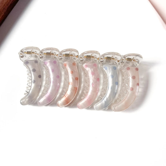 Polka dot mini banana clips in grey, lavender, peach, pink, blue and ivory for thin and fine hair