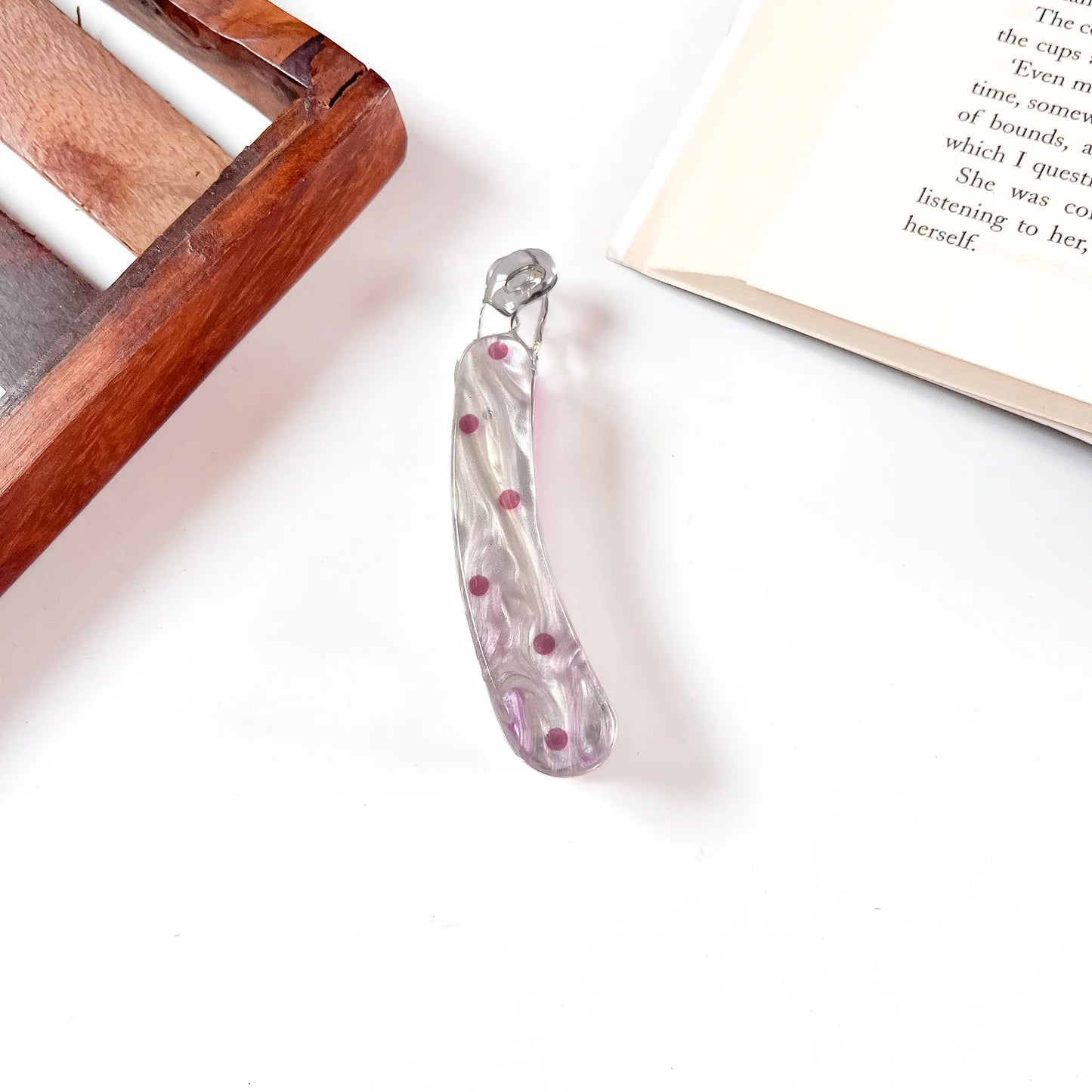 Lilac pearl snap clip with pink polka dots